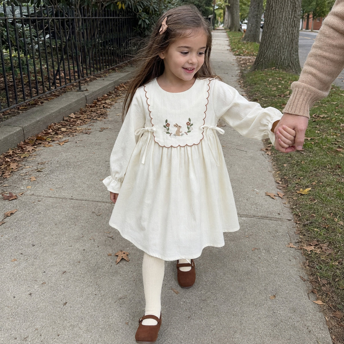 Girls Ivory Embroidered Cotton Dress, Long Sleeve Fall Toddler Outfit — candid everyday styling