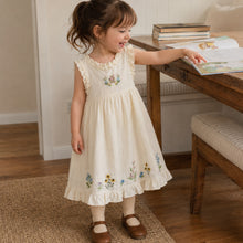 Girls Ivory Floral Embroidered Cotton Dress, Sleeveless Ruffle Hem