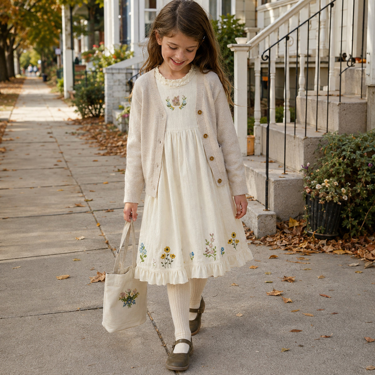 Girls Ivory Floral Embroidered Cotton Dress, Sleeveless Ruffle Hem — alternate-age lifestyle view