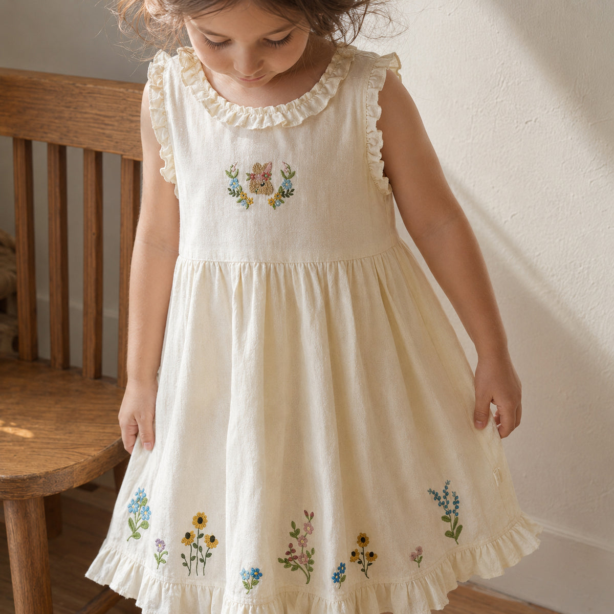 Girls Ivory Floral Embroidered Cotton Dress, Sleeveless Ruffle Hem — candid everyday styling