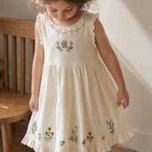 Girls Ivory Floral Embroidered Cotton Dress, Sleeveless Ruffle Hem