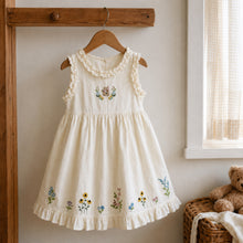 Girls Ivory Floral Embroidered Cotton Dress, Sleeveless Ruffle Hem