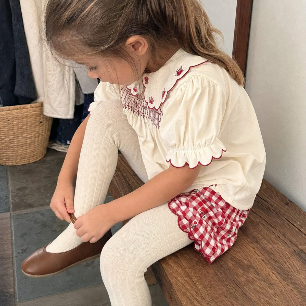 Girls Ivory Embroidered Top, Pants or Plaid Shorts, Cotton Separates — alternate-age lifestyle view