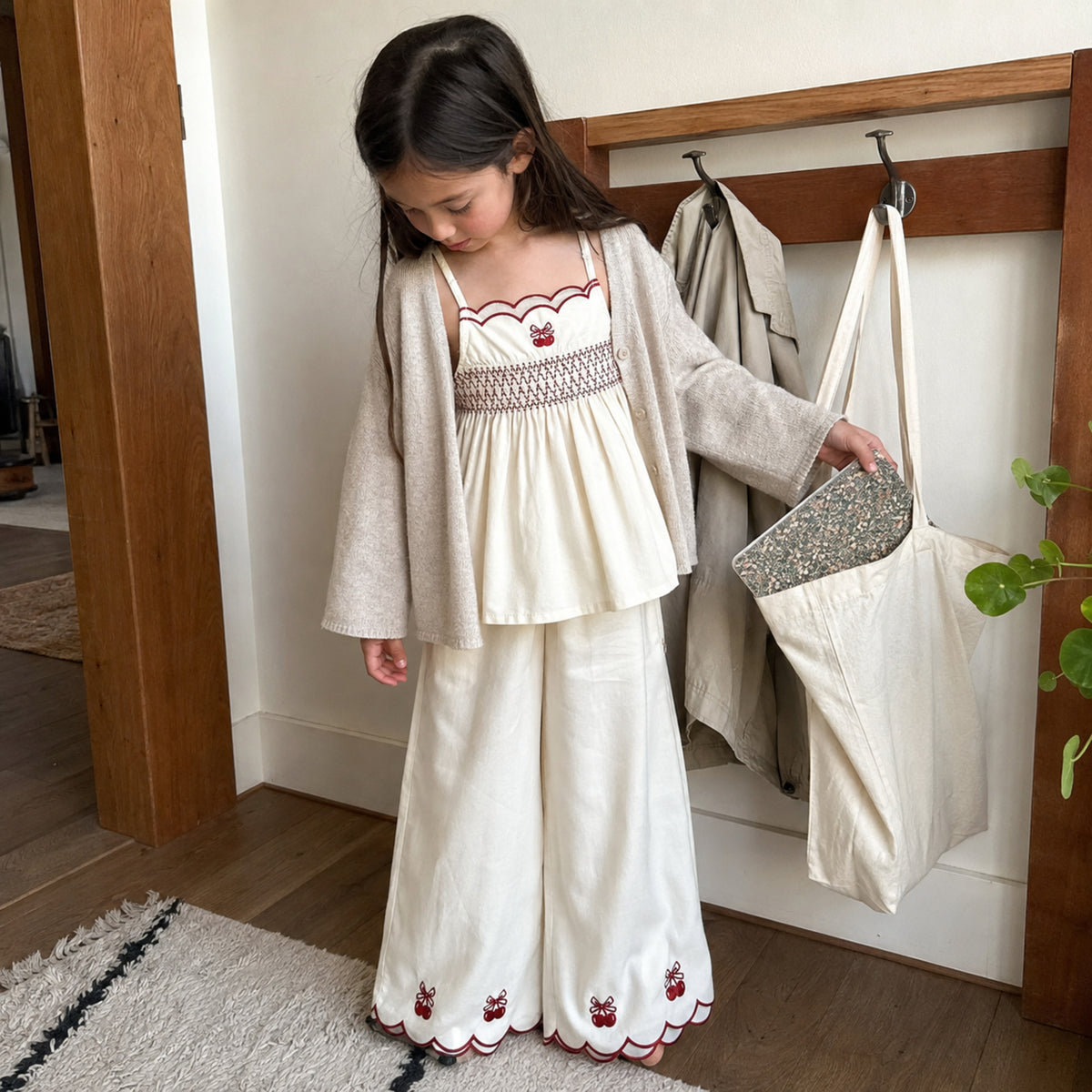 Girls Ivory Embroidered Top, Pants or Plaid Shorts, Cotton Separates — candid everyday styling