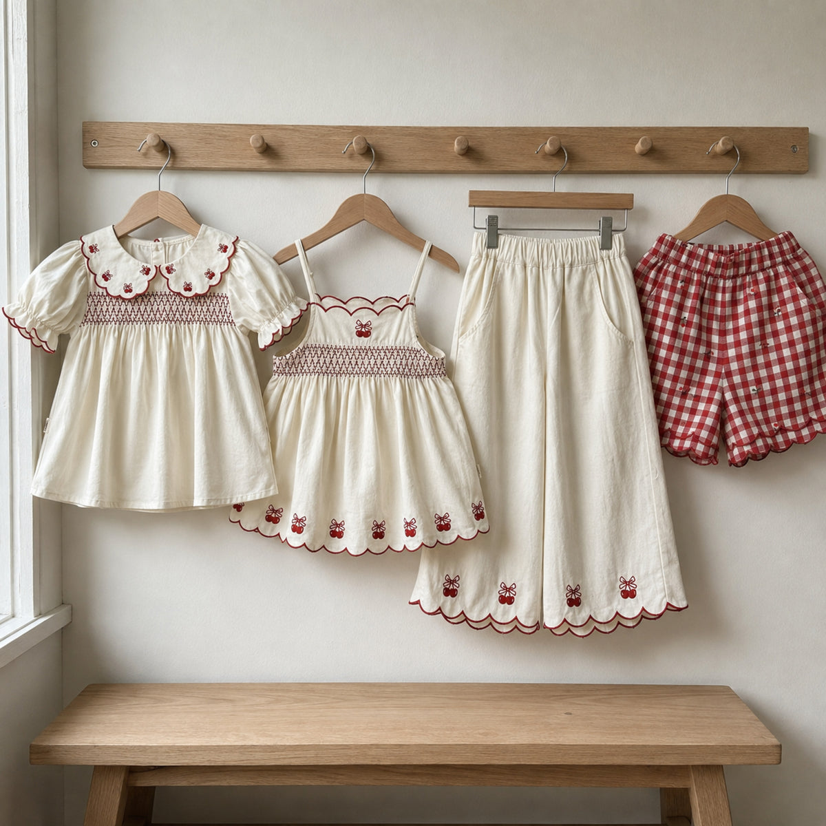 Girls Ivory Embroidered Top, Pants or Plaid Shorts, Cotton Separates — wooden hanger product view