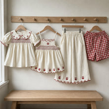 Girls Ivory Embroidered Top, Pants or Plaid Shorts, Cotton Separates