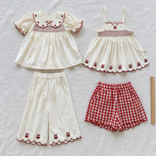 Girls Ivory Embroidered Top, Pants or Plaid Shorts, Cotton Separates