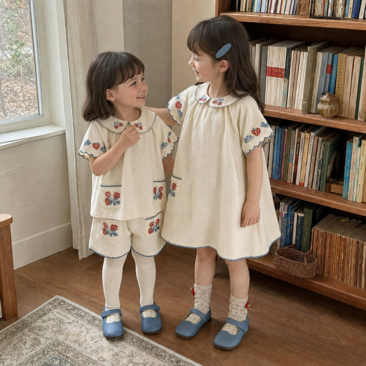 Girls Strawberry Cotton Dress or Shorts Set, Ivory Embroidered Outfit — natural lifestyle front view