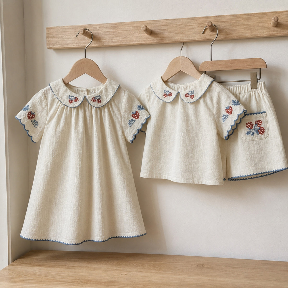Girls Strawberry Cotton Dress or Shorts Set, Ivory Embroidered Outfit — wooden hanger product view