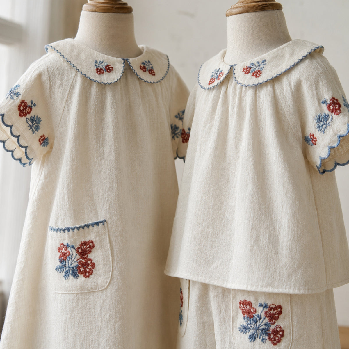 Girls Strawberry Cotton Dress or Shorts Set, Ivory Embroidered Outfit — neckline and bodice close-up