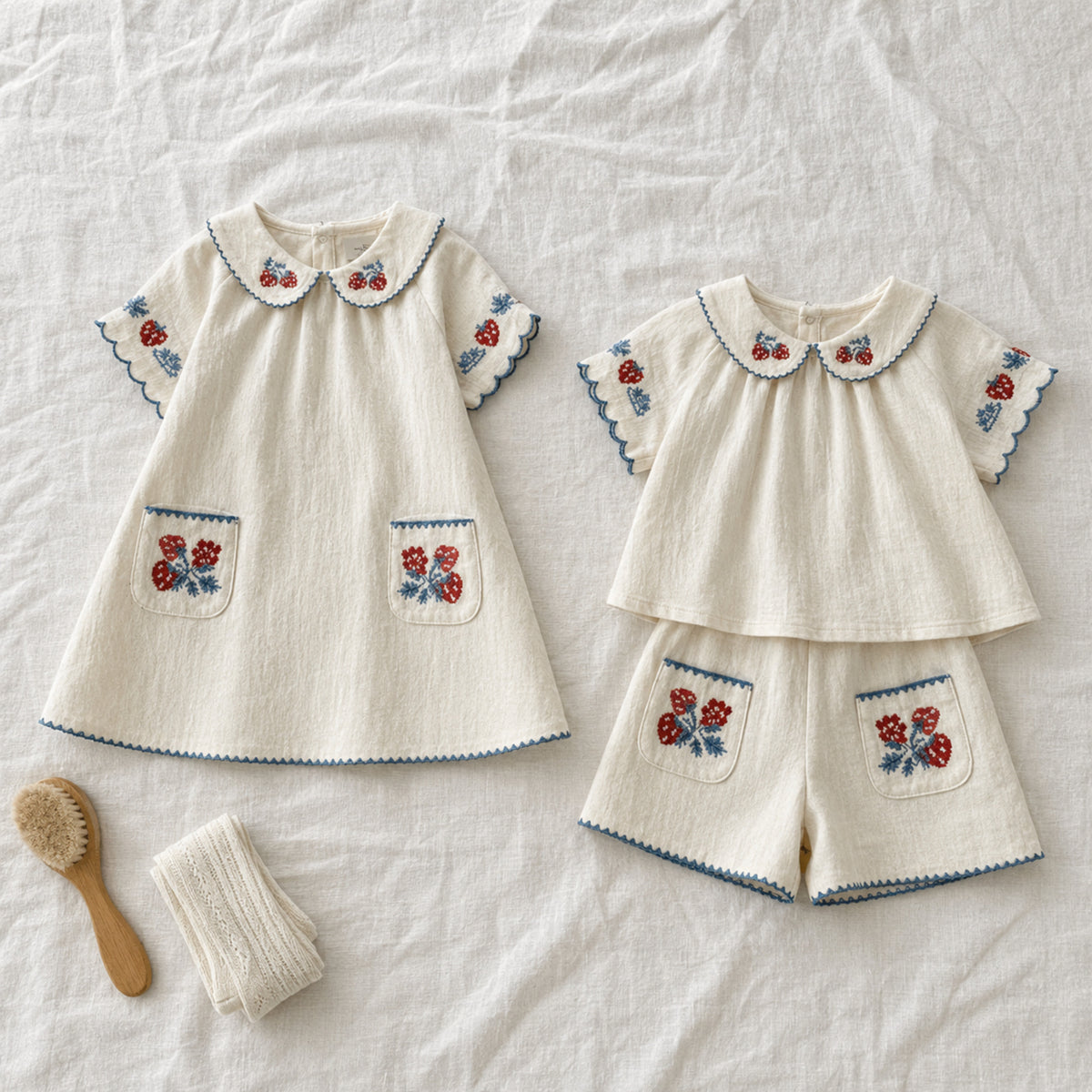 Girls Strawberry Cotton Dress or Shorts Set, Ivory Embroidered Outfit — styled flat lay