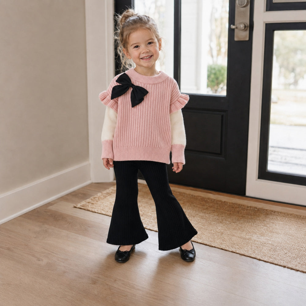 Toddler Girls Ribbed Knit Bow Sweater & Flared Pants Set, Cozy Fall Outfit