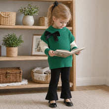 Toddler Girls Ribbed Knit Bow Sweater & Flared Pants Set, Cozy Fall Outfit