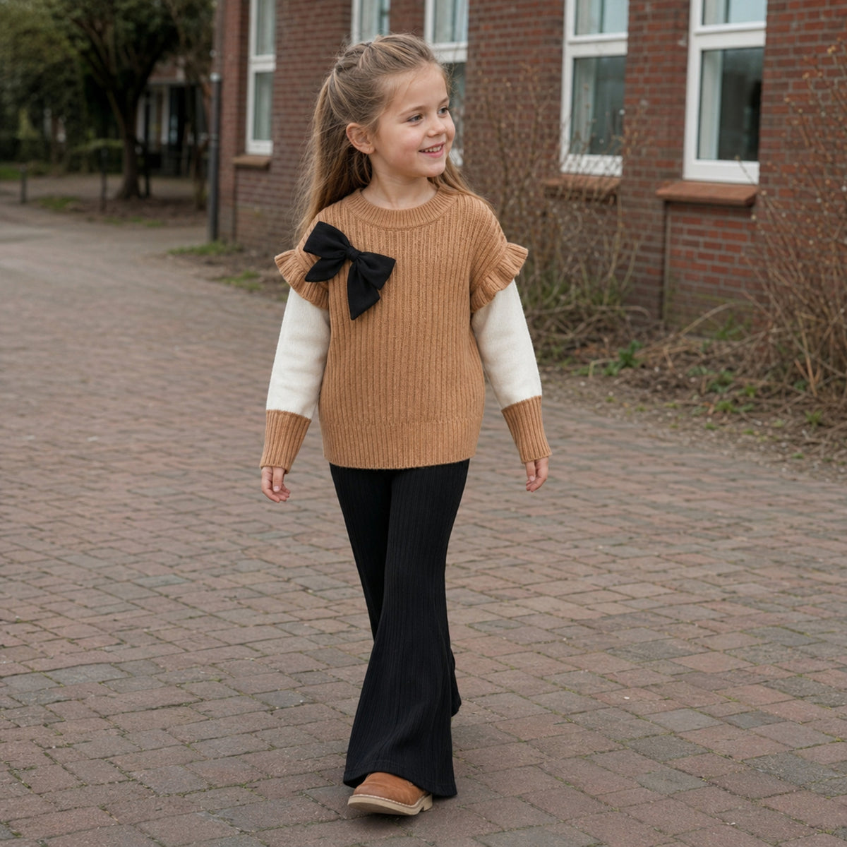 Girls Knit Bow Sweater and Flared Pants Set — candid everyday styling