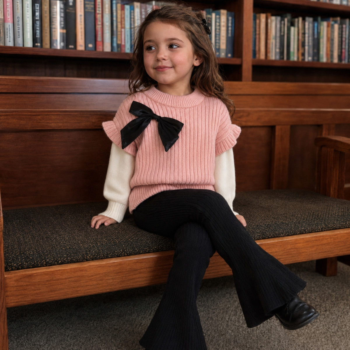 Girls Knit Bow Sweater and Flared Pants Set — second lifestyle angle