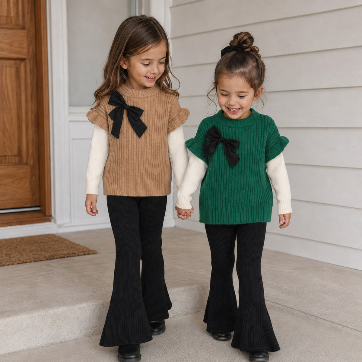 Girls Knit Bow Sweater and Flared Pants Set — wooden hanger product view