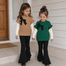 Toddler Girls Ribbed Knit Bow Sweater & Flared Pants Set, Cozy Fall Outfit
