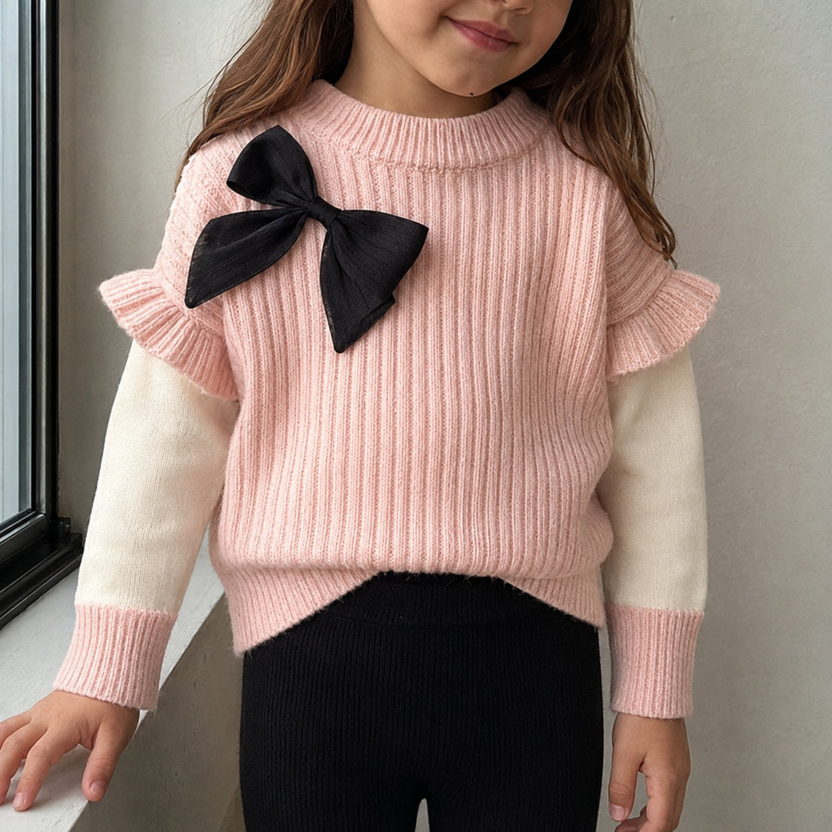 Girls Knit Bow Sweater and Flared Pants Set — styled flat lay