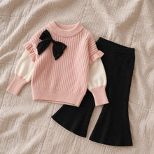 Toddler Girls Ribbed Knit Bow Sweater & Flared Pants Set, Cozy Fall Outfit