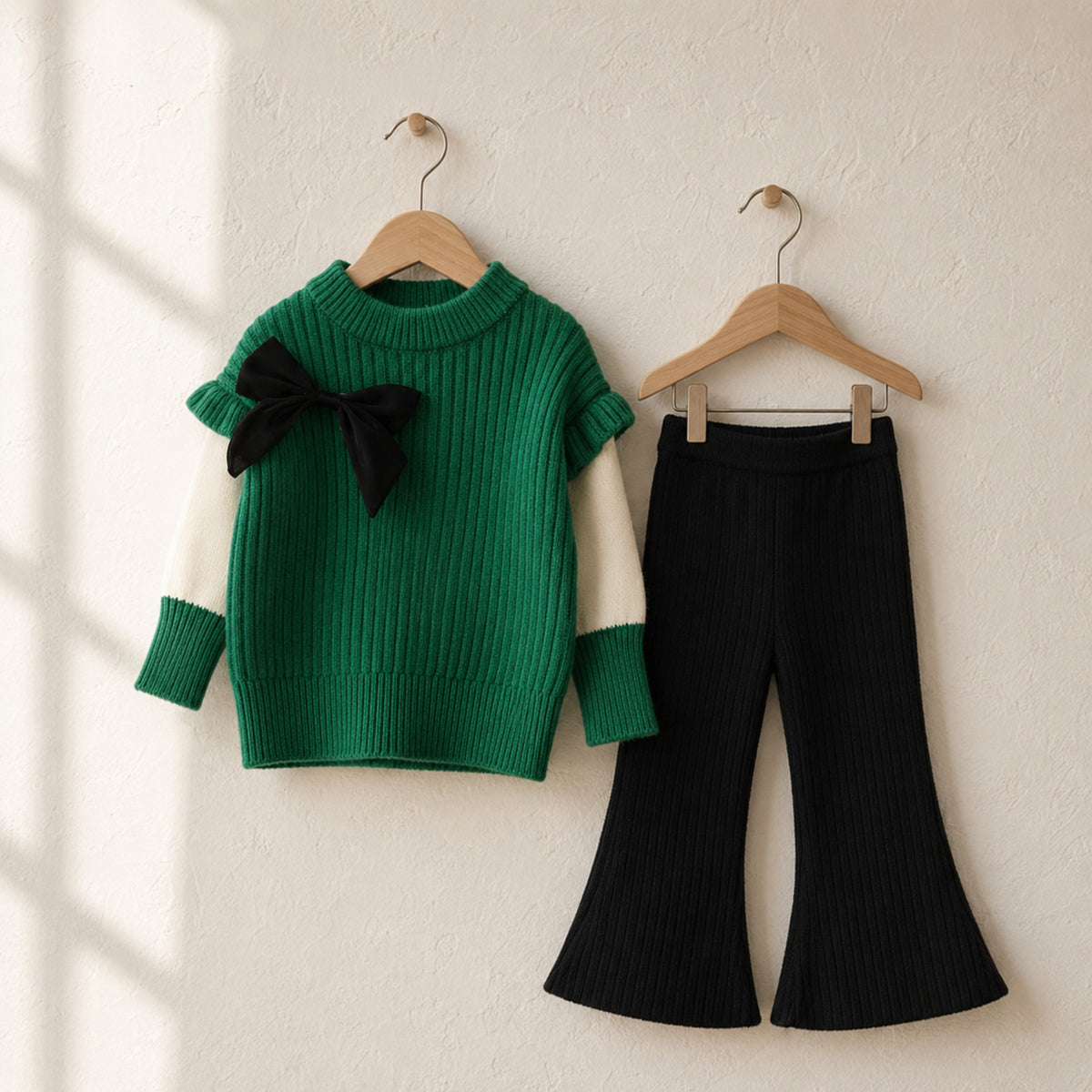 Girls Knit Bow Sweater and Flared Pants Set — fabric and seam detail