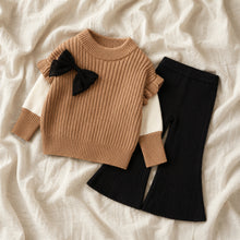 Toddler Girls Ribbed Knit Bow Sweater & Flared Pants Set, Cozy Fall Outfit