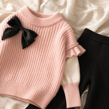 Toddler Girls Ribbed Knit Bow Sweater & Flared Pants Set, Cozy Fall Outfit