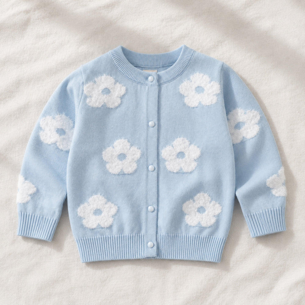 Girls Light Blue Floral Knit Cardigan, Fluffy Flower Details