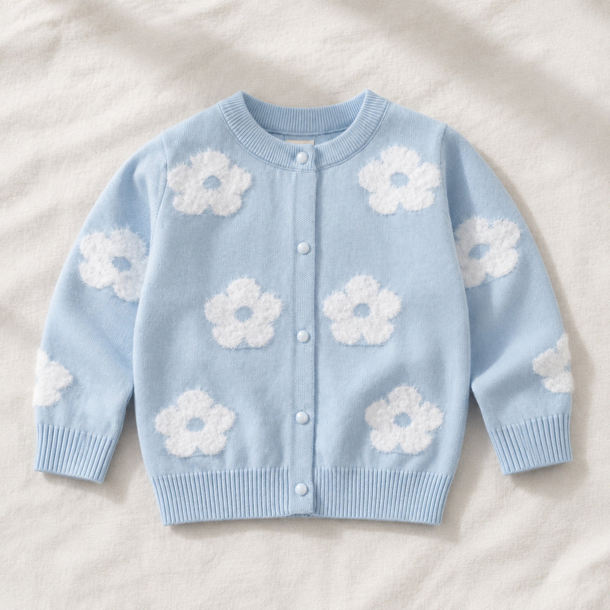Girls' light blue fluffy floral knit cardigan front view