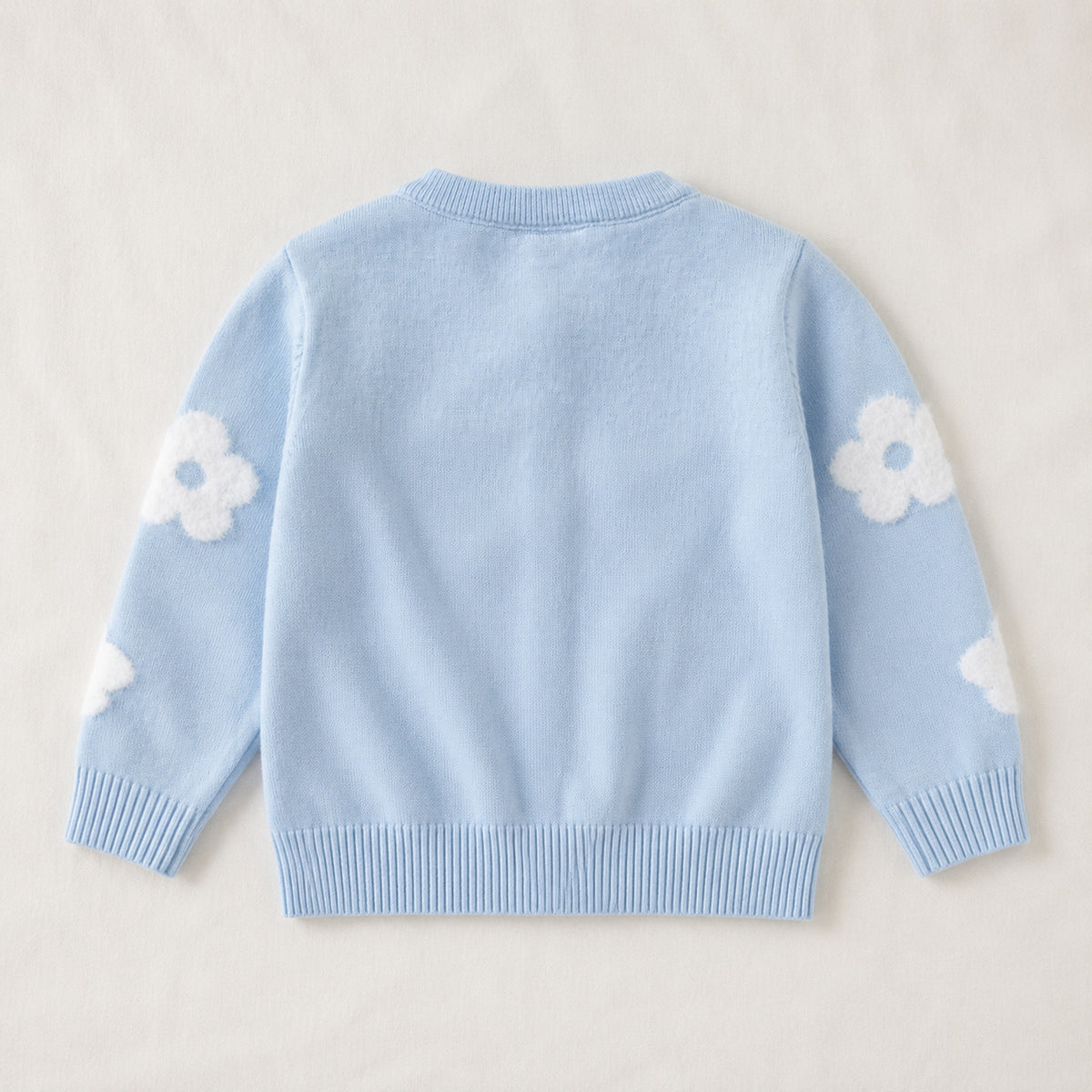 Girls' light blue fluffy floral knit cardigan back view