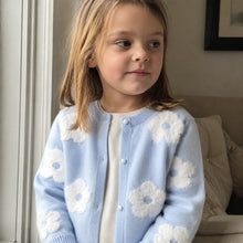 Girls Light Blue Floral Knit Cardigan, Fluffy Flower Details