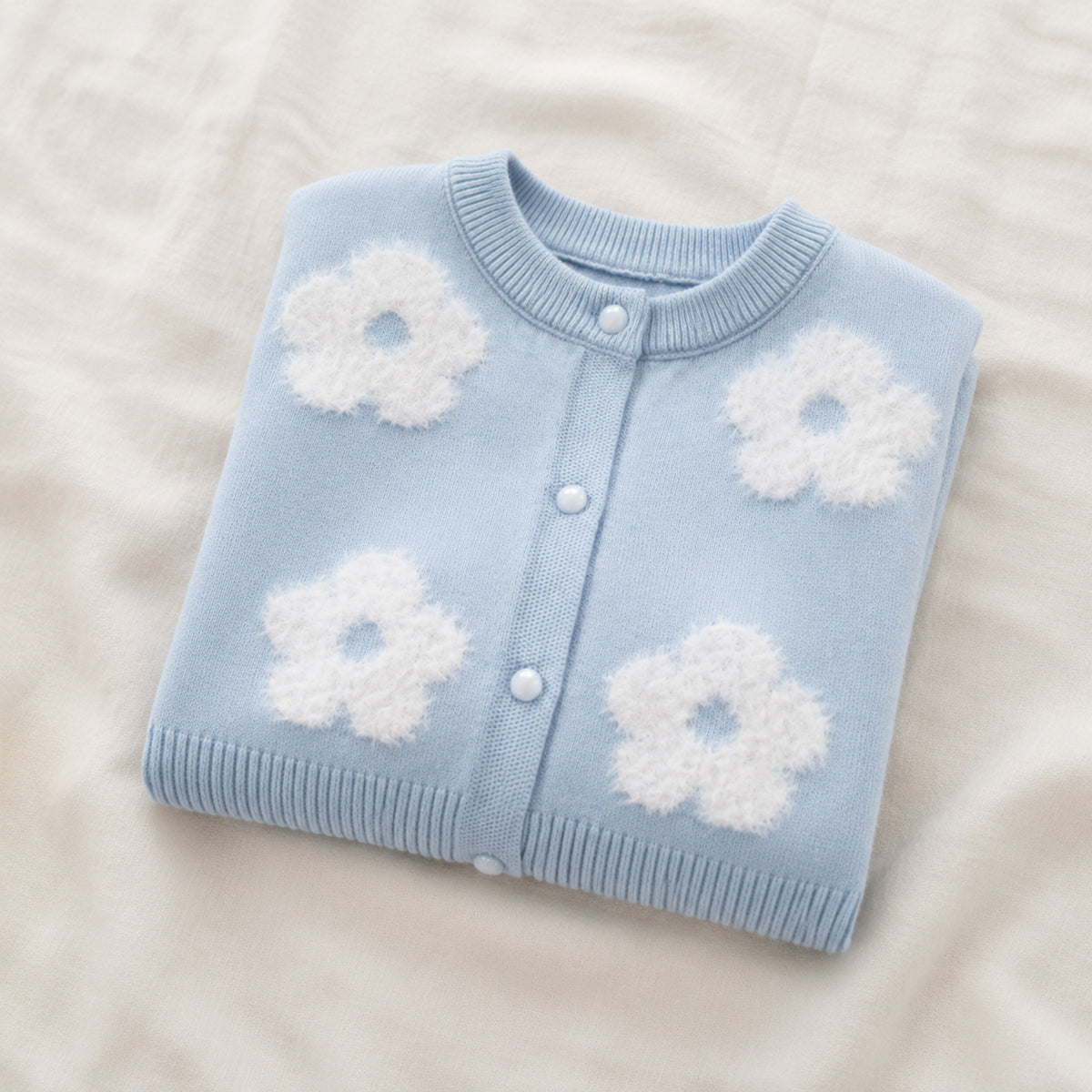 Girls' light blue fluffy floral knit cardigan folded