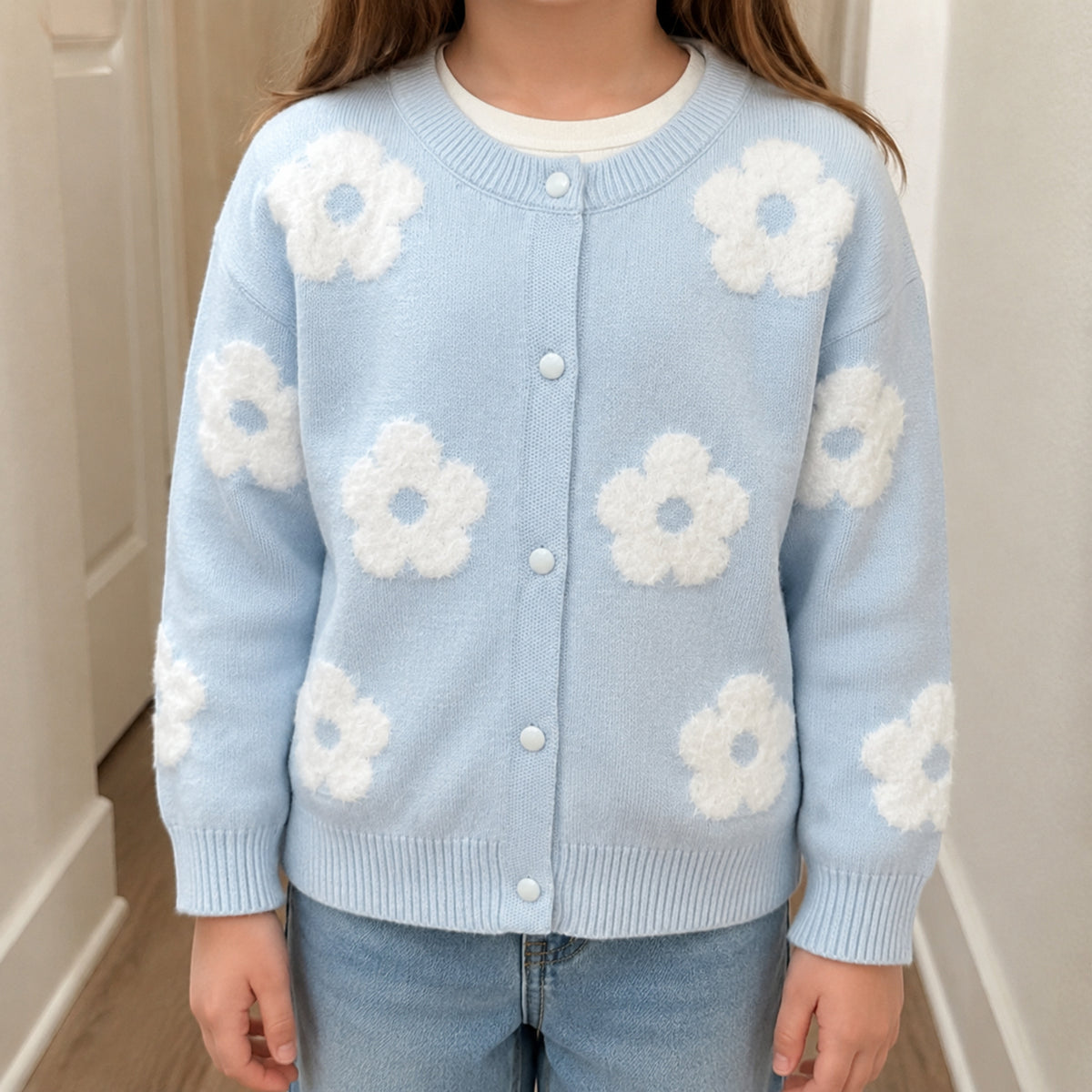 Girls' light blue fluffy floral knit cardigan front fit