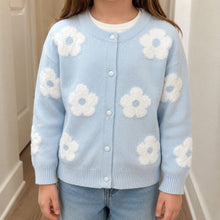 Girls Light Blue Floral Knit Cardigan, Fluffy Flower Details