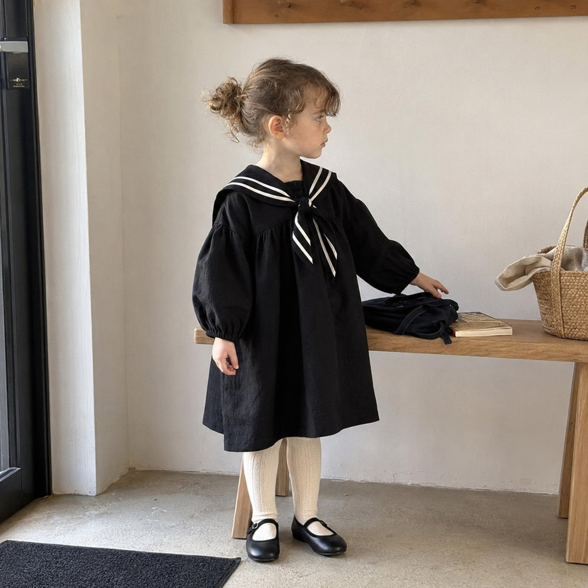 Girls Linen Sailor Dress in Black, Ivory or Blue — natural lifestyle front view