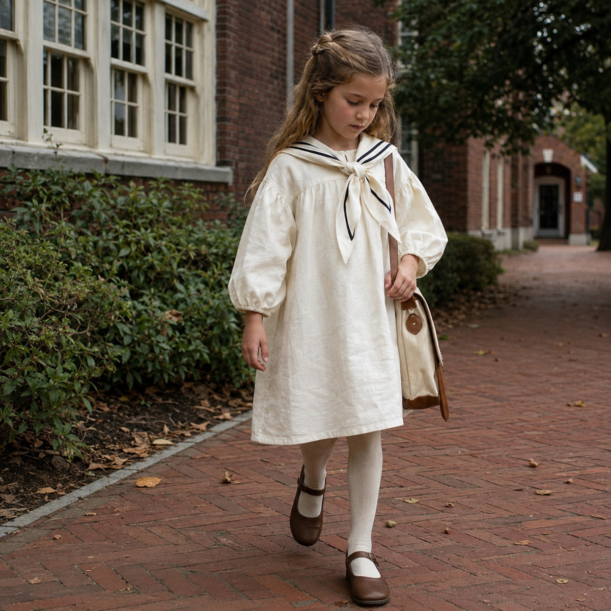 Girls Linen Sailor Dress in Black, Ivory or Blue — alternate-age lifestyle view