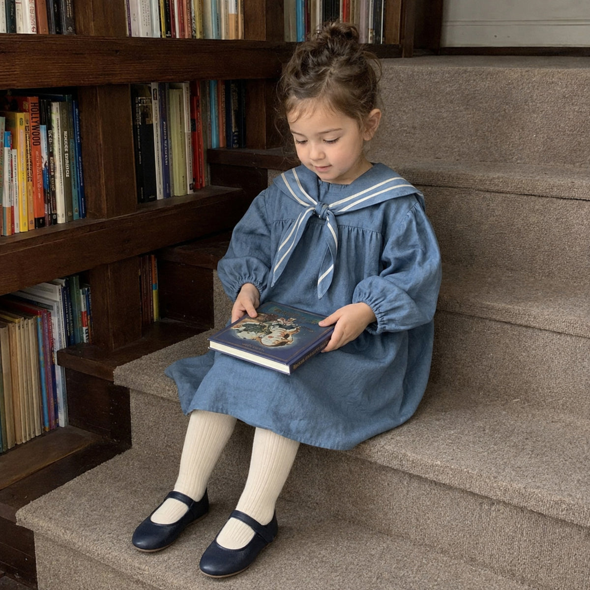 Girls Linen Sailor Dress in Black, Ivory or Blue — candid everyday styling