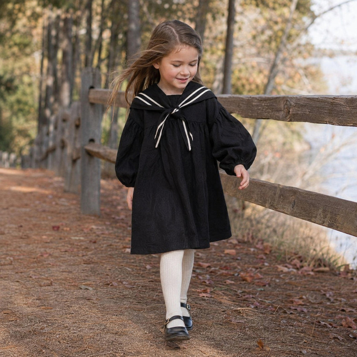 Girls Linen Sailor Dress in Black, Ivory or Blue — second lifestyle angle