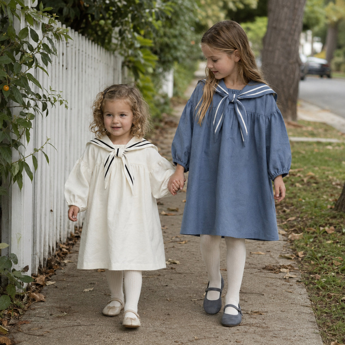 Girls Linen Sailor Dress in Black, Ivory or Blue — wooden hanger product view