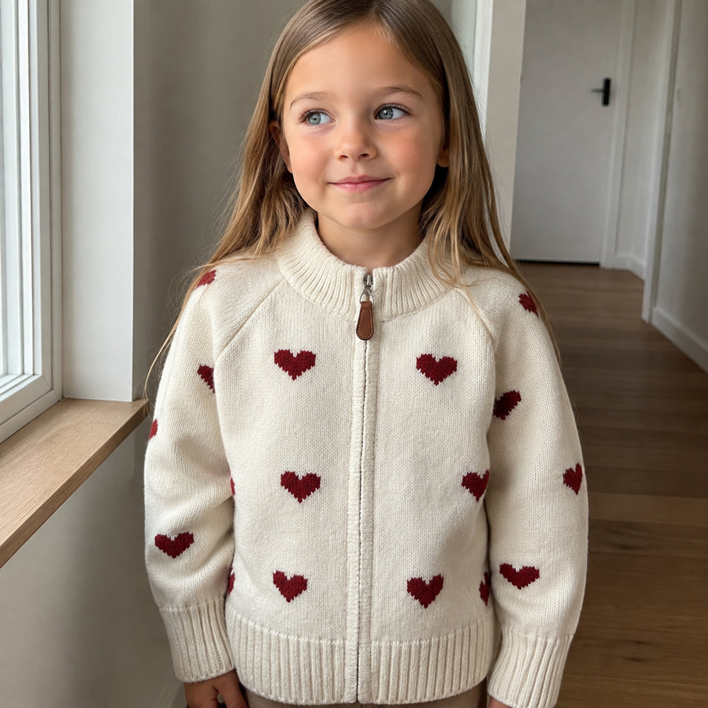 Girls Heart Knit Zip Cardigan, Red or Off-White