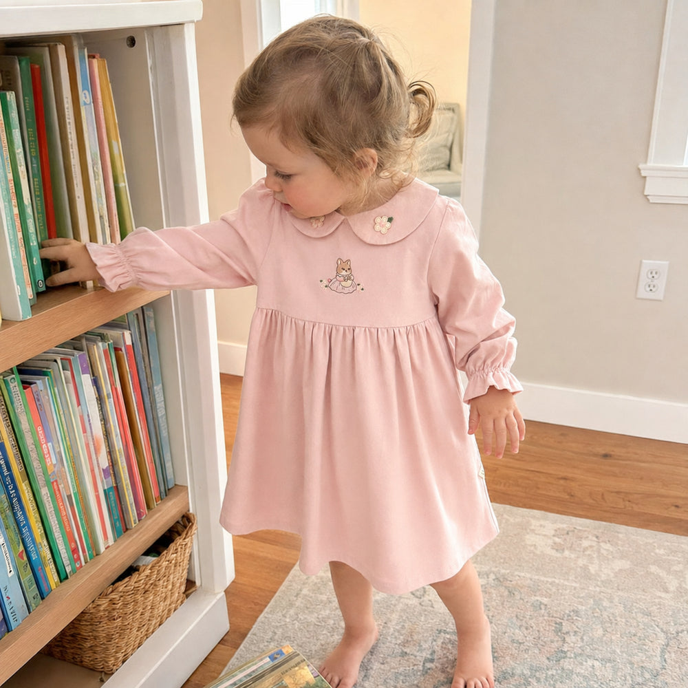 Girls Rabbit Embroidered Cotton Dress, Long Sleeve Cottagecore Toddler Outfit