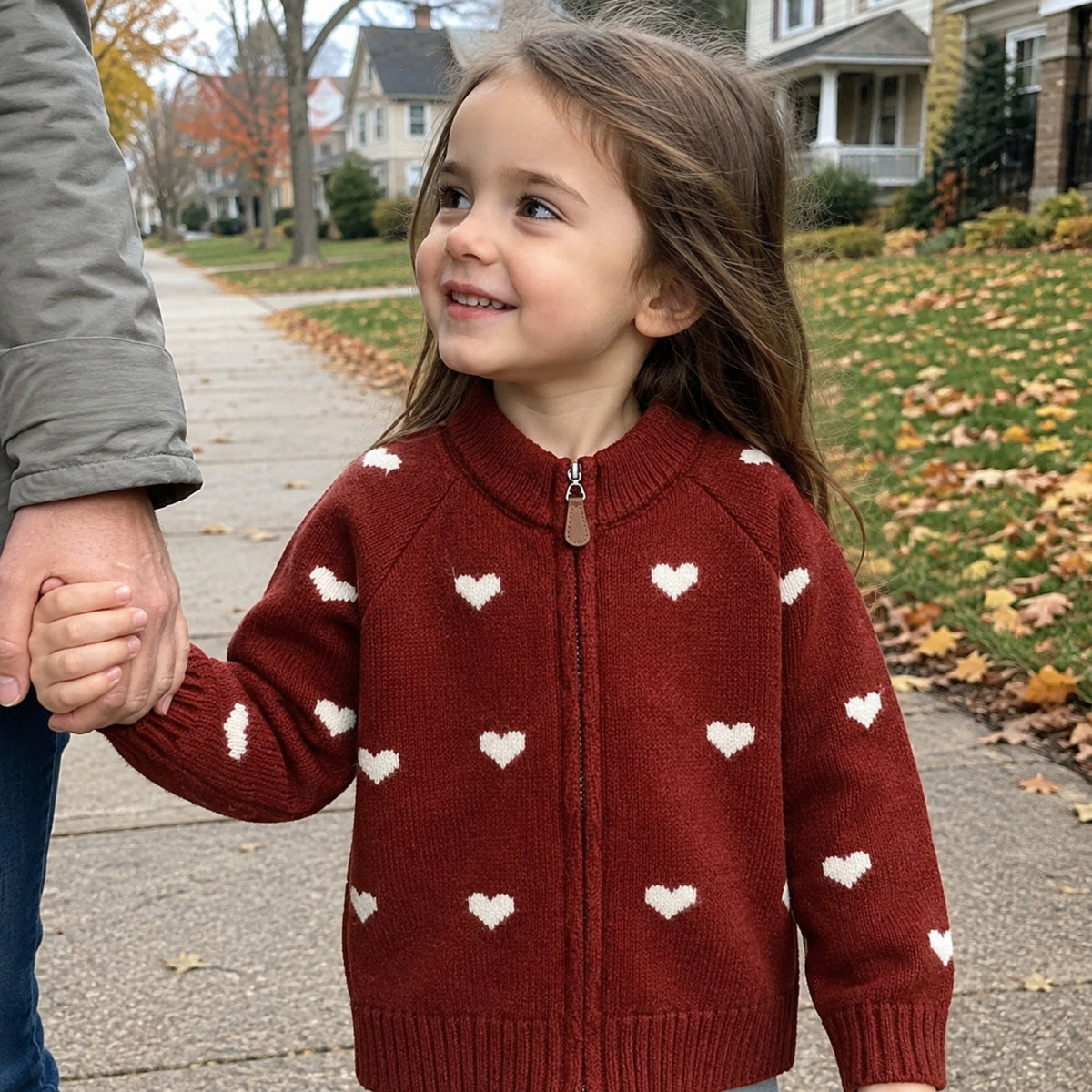 Girls red heart zip cardigan worn on an autumn walk
