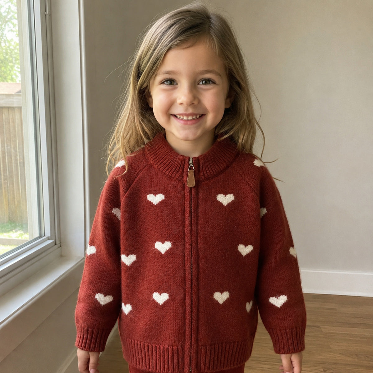 Girls brick red heart knit zip cardigan worn indoors