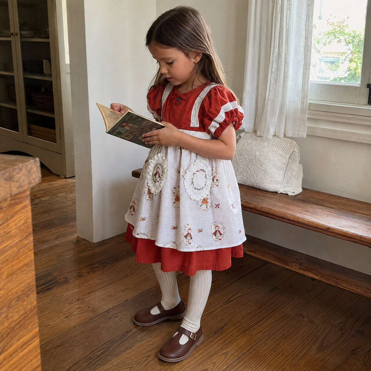 Girls Storybook Dress or Skirt Set, Red Ivory Cotton Toddler Outfit — natural lifestyle front view