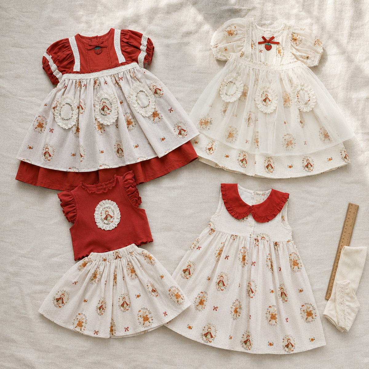 Girls Storybook Dress or Skirt Set, Red Ivory Cotton Toddler Outfit — styled flat lay