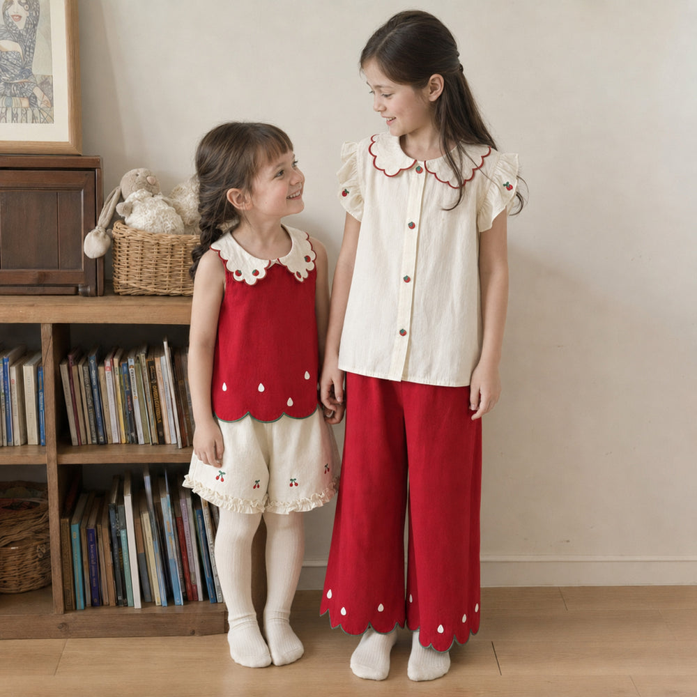 Girls Strawberry Cotton Top, Shorts or Pants, Red Ivory Separates
