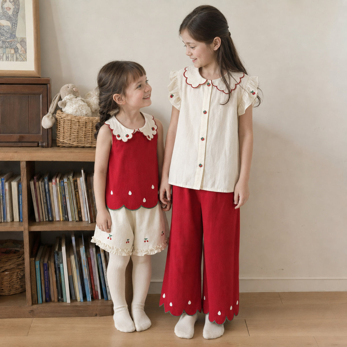 Girls Strawberry Cotton Top, Shorts or Pants, Red Ivory Separates — natural lifestyle front view