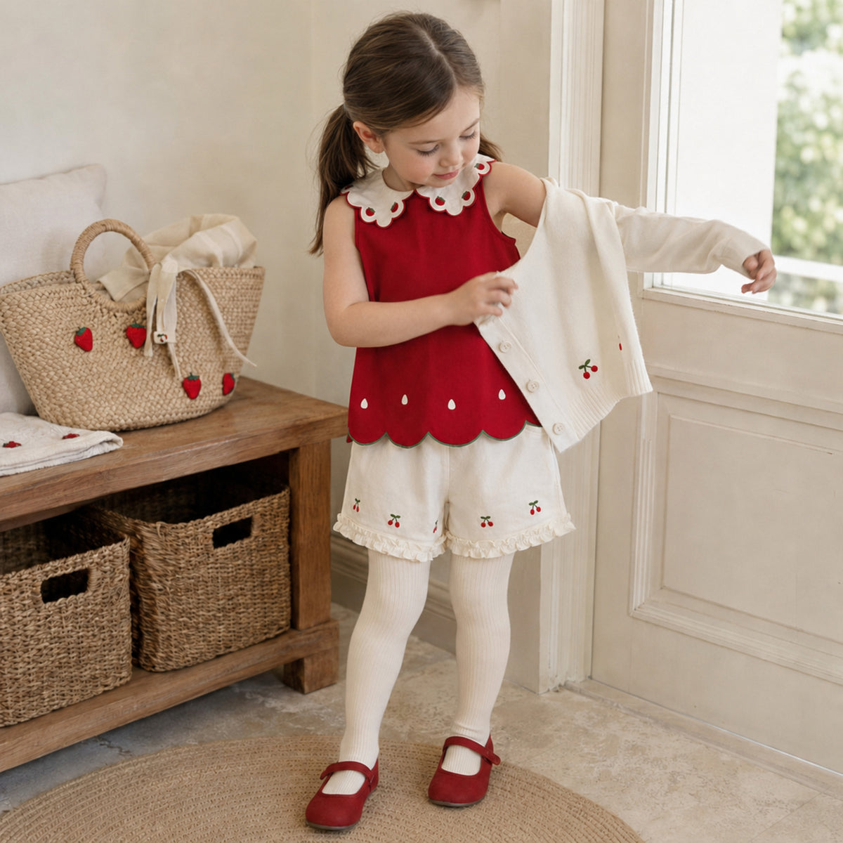 Girls Strawberry Cotton Top, Shorts or Pants, Red Ivory Separates — alternate-age lifestyle view