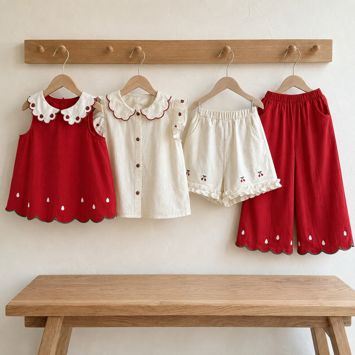 Girls Strawberry Cotton Top, Shorts or Pants, Red Ivory Separates — wooden hanger product view