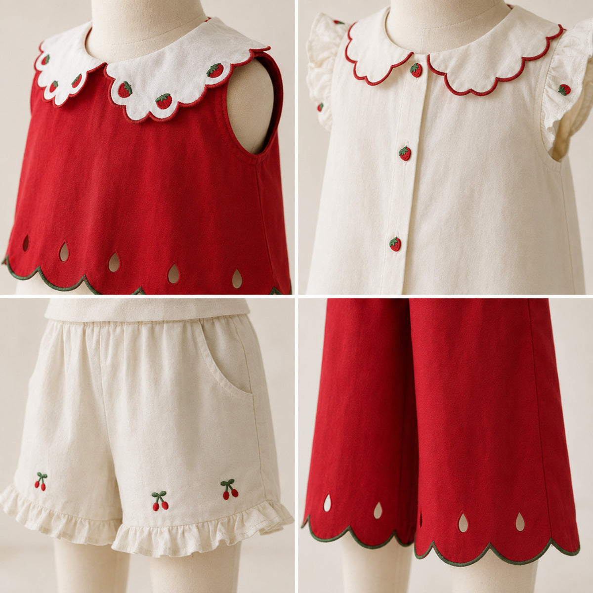 Girls Strawberry Cotton Top, Shorts or Pants, Red Ivory Separates — neckline and bodice close-up