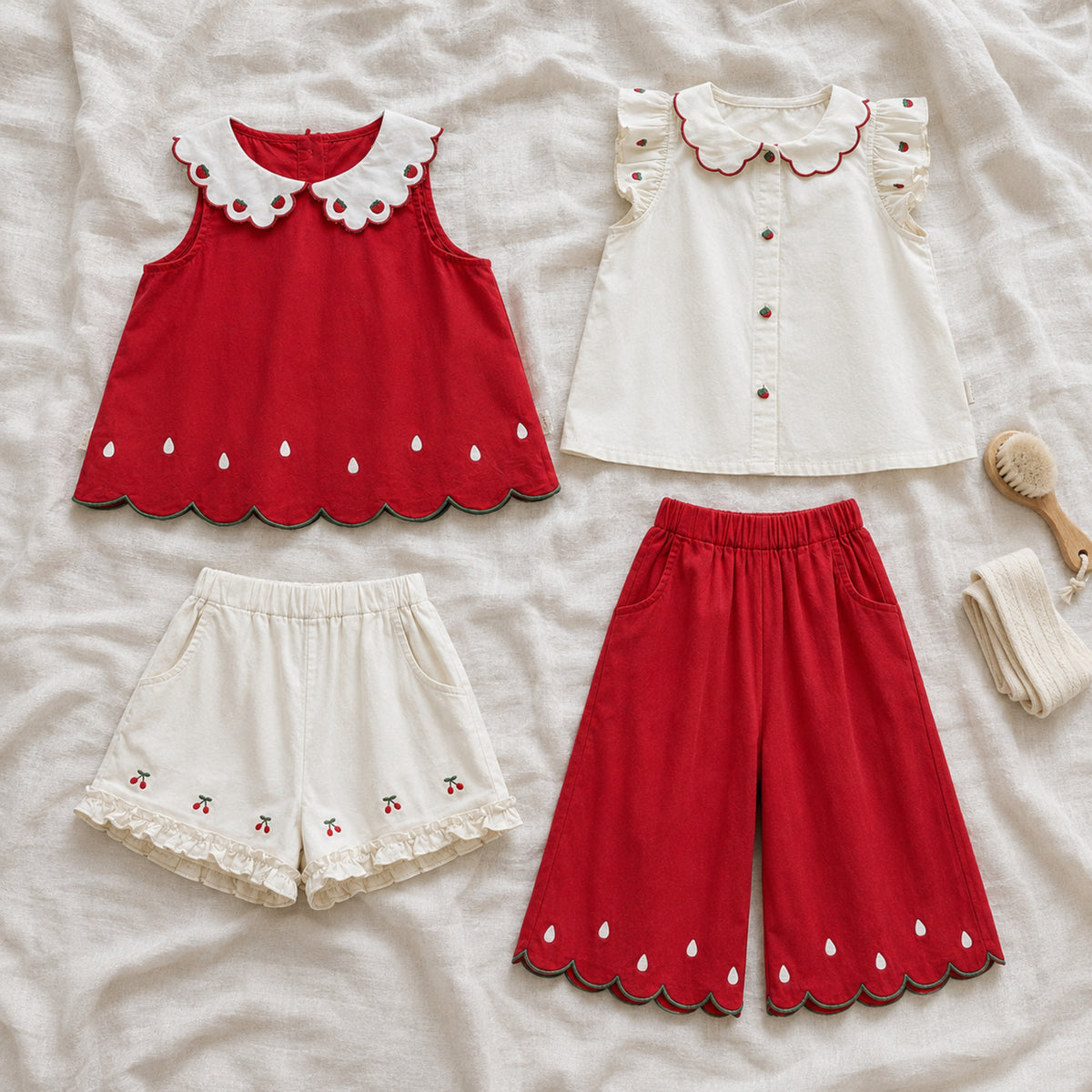 Girls Strawberry Cotton Top, Shorts or Pants, Red Ivory Separates — styled flat lay